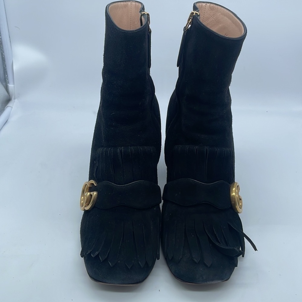 Gucci Black Suede leather Fringe trim GG marmont ankle boots 38 - Picture 2 of 11